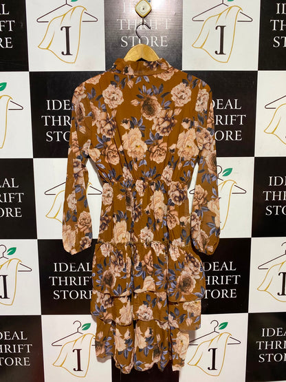 |M| BUST 16| A4| BROWN FLORAL PRINT TIERED DRESS  CHIC VINTAGE-INSPIRED LONG-SLEEVE FLORAL DRESS