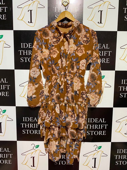 |M| BUST 16| A4| BROWN FLORAL PRINT TIERED DRESS  CHIC VINTAGE-INSPIRED LONG-SLEEVE FLORAL DRESS