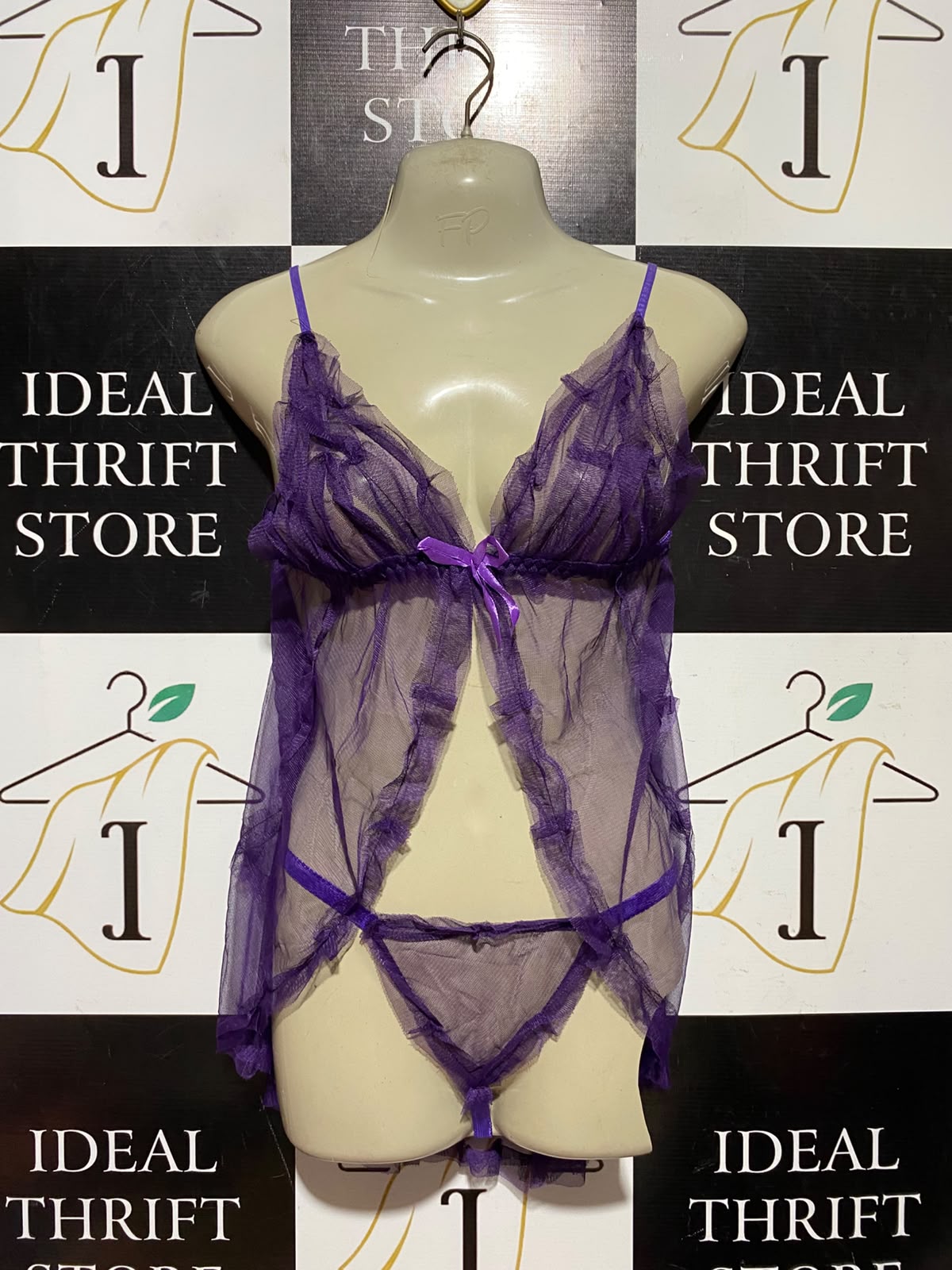 |M| A4| ROMANTIC PURPLE SHEER LACE-TRIM BABE-DOLL SET