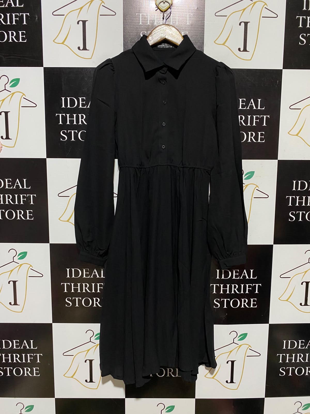 SHEIN |XS| BUST 16| A4| CHIC LONG-SLEEVE BUTTON-DOWN BLACK DRESS