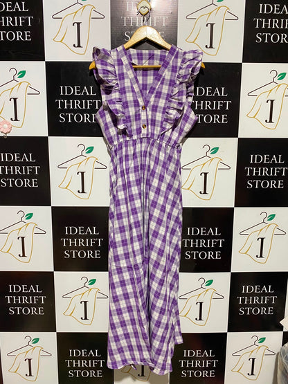 |M| BUST 18| A4| CHIC PURPLE AND WHITE PLAID RUFFLE-DETAIL DRESS