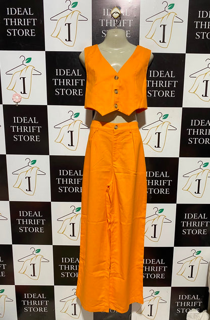 SHEIN |M| BUST 19| A4| VIBRANT ORANGE SLEEVELESS VEST AND WIDE-LEG TROUSER SET