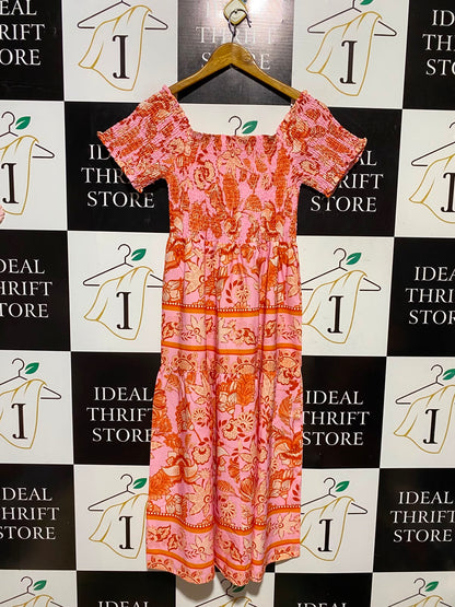 SHEIN |S| BUST 12| A4| VIBRANT PINK AND ORANGE FLORAL SMOCKED DRESS