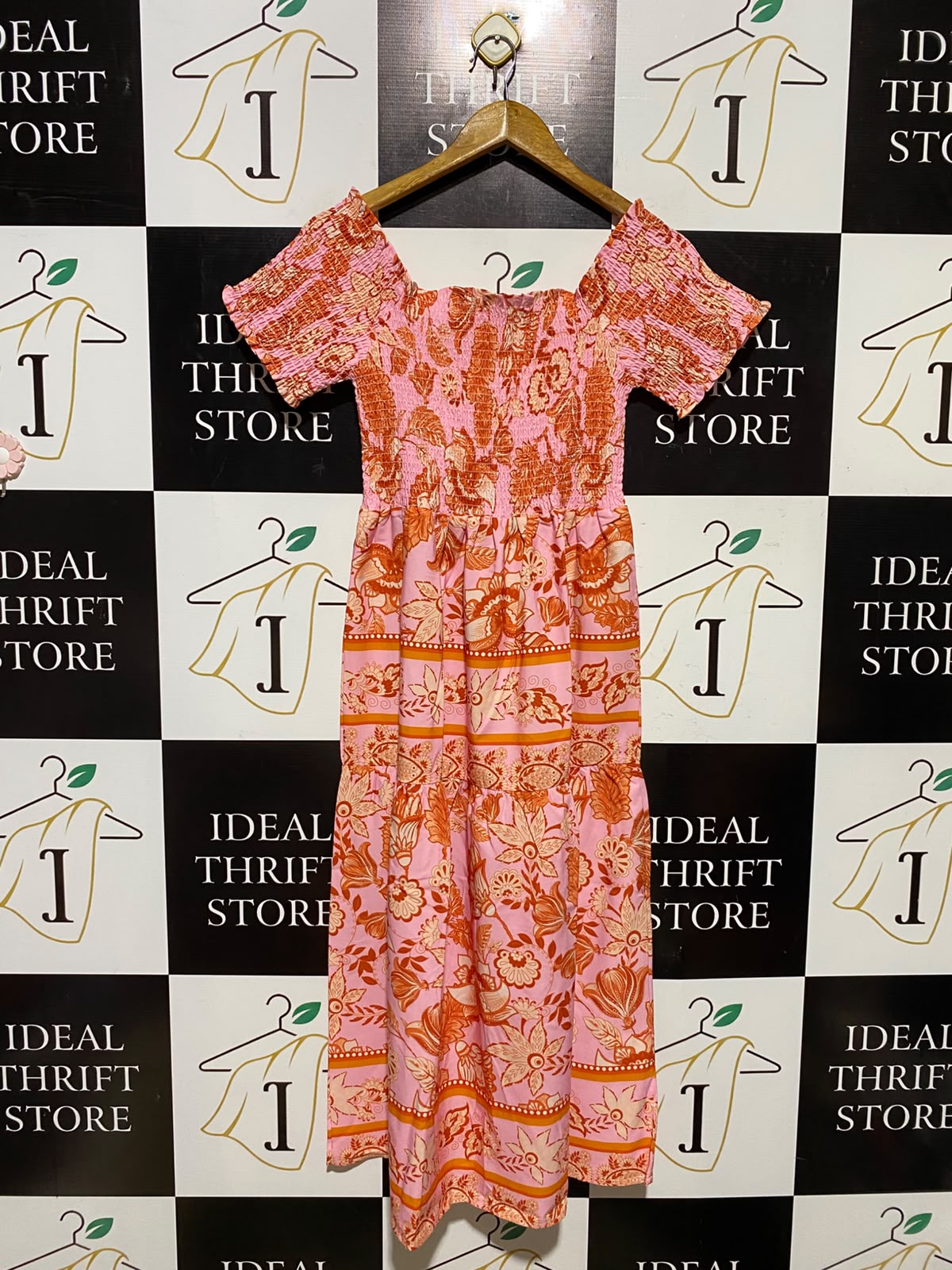 SHEIN |S| BUST 12| A4| VIBRANT PINK AND ORANGE FLORAL SMOCKED DRESS