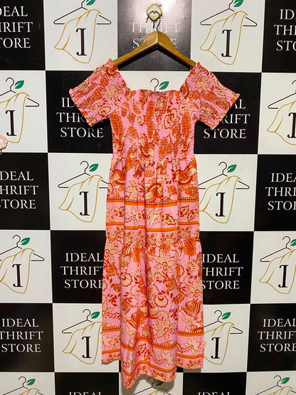 SHEIN |S| BUST 12| A4| VIBRANT PINK AND ORANGE FLORAL SMOCKED DRESS
