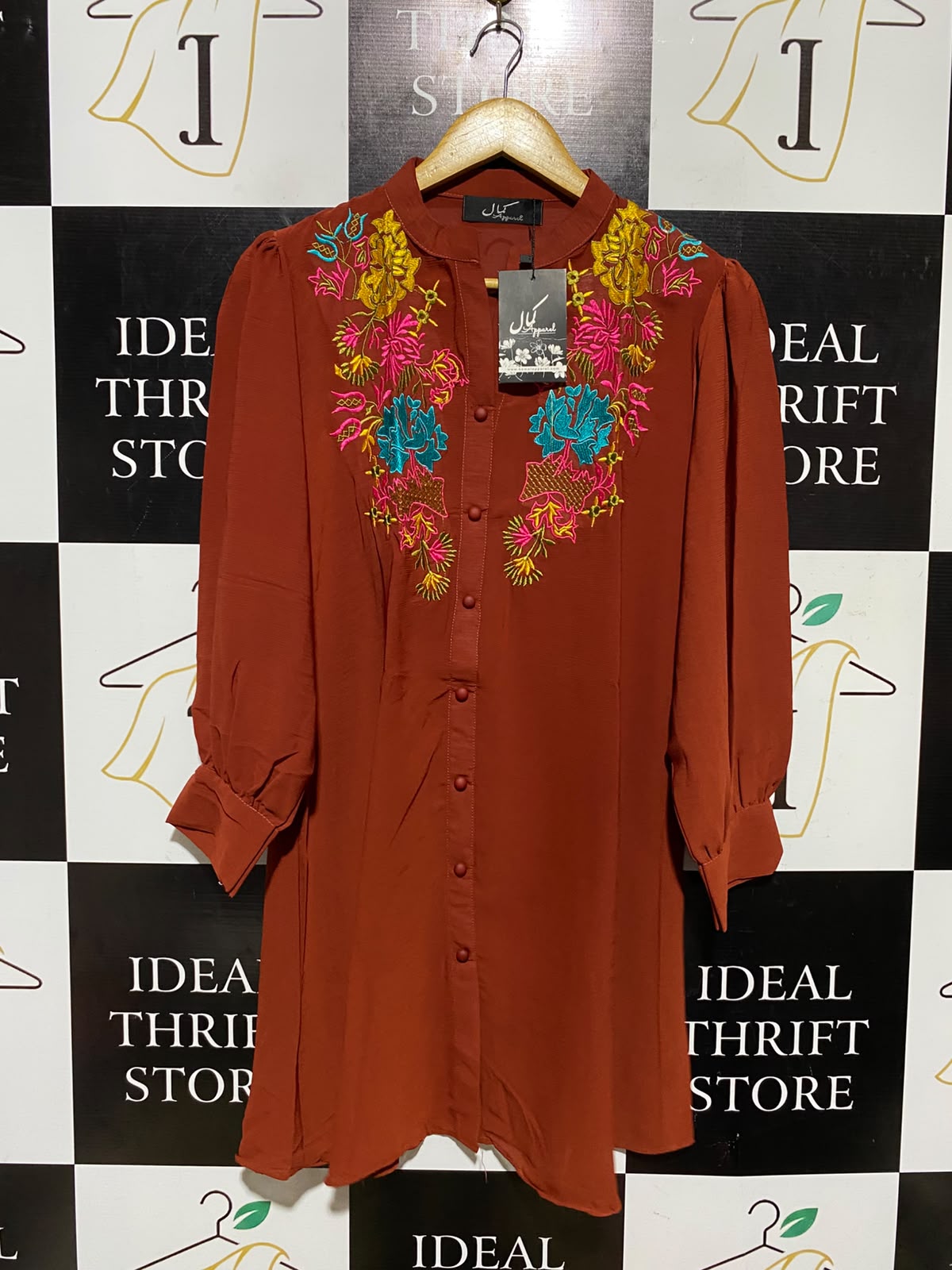 KAMAL APPAREL |M| BUST 18| A4| RUST ORANGE EMBROIDERED BUTTON-DOWN DRESS