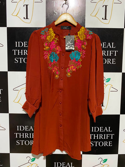 KAMAL APPAREL |M| BUST 18| A4| RUST ORANGE EMBROIDERED BUTTON-DOWN DRESS