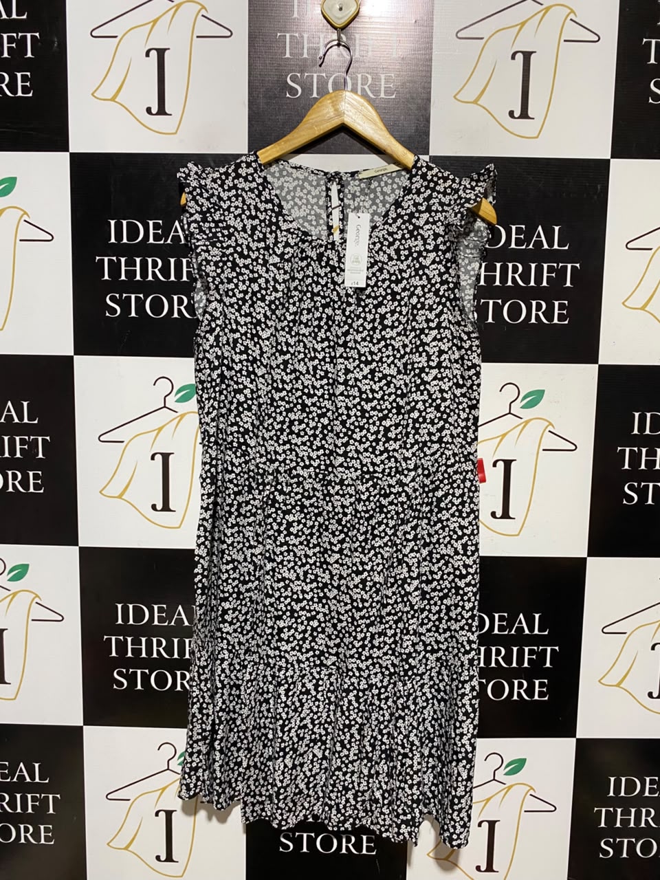 GEORGE |L| BUST 20| A4| CLASSIC BLACK AND WHITE FLORAL PRINT TIERED DRESS
