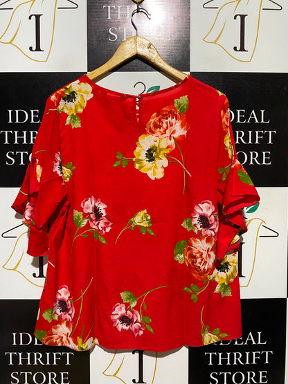 DOROTHY PERKINS |M| BUST 22| A4| VIBRANT RED FLORAL PRINT RUFFLE-SLEEVE TOP