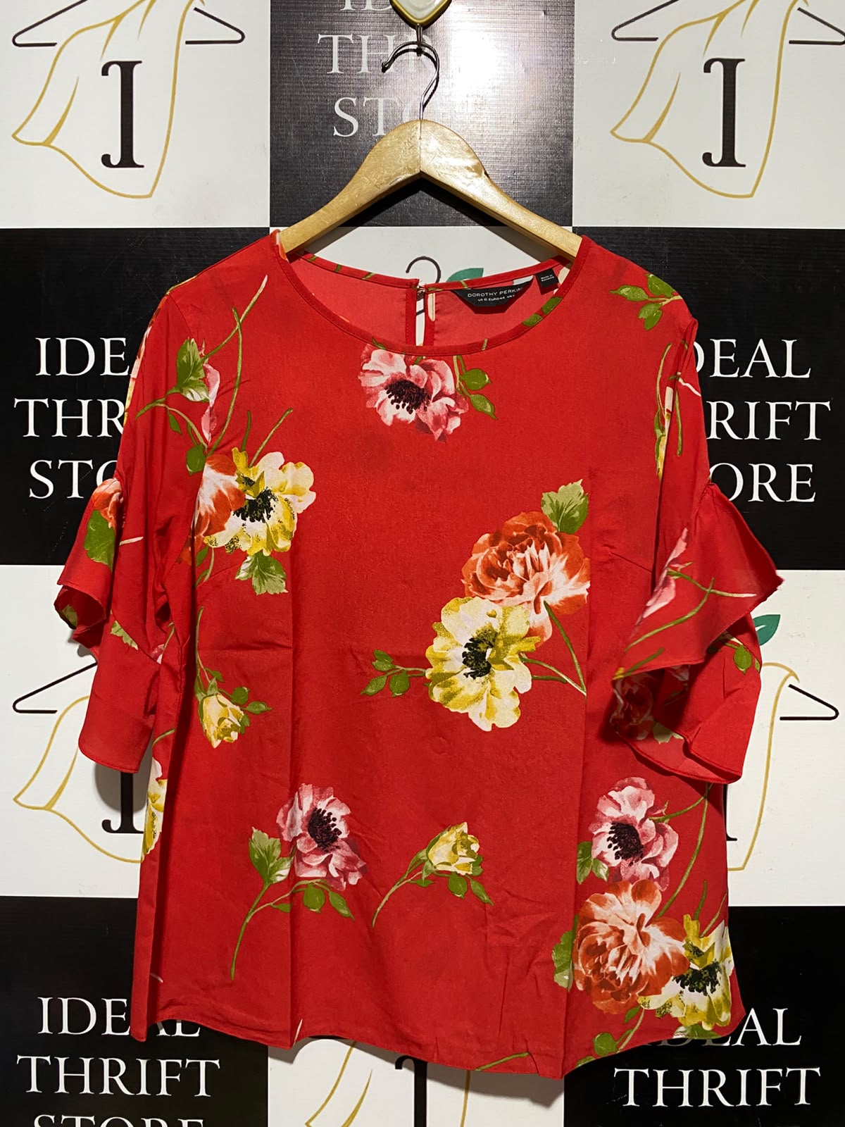 DOROTHY PERKINS |M| BUST 22| A4| VIBRANT RED FLORAL PRINT RUFFLE-SLEEVE TOP