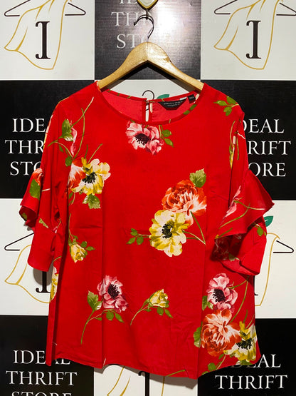 DOROTHY PERKINS |M| BUST 22| A4| VIBRANT RED FLORAL PRINT RUFFLE-SLEEVE TOP