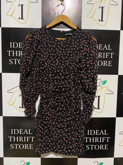 ZARA |S| BUST 14| A4| CHIC BLACK AND DUSTY PINK FLORAL RUCHED DRESS