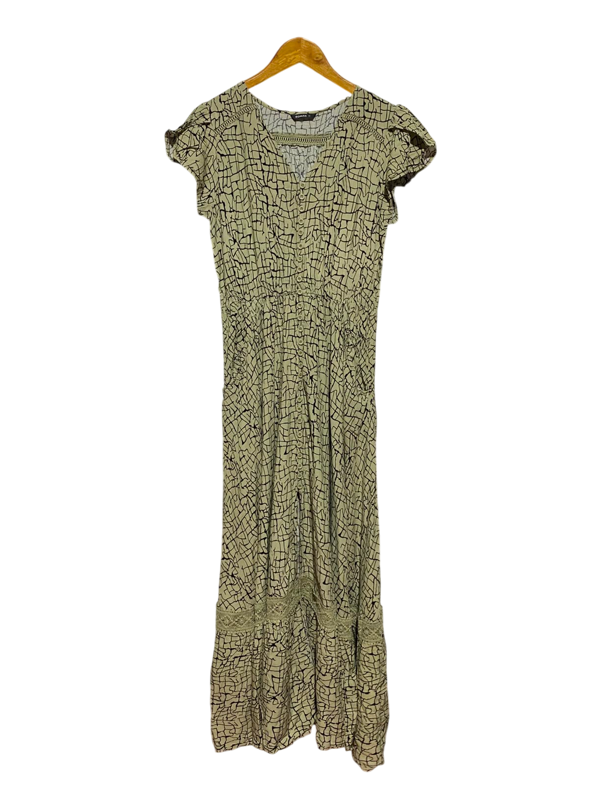 |M| BUST 16| A5| OLIVE GREEN ABSTRACT PRINT MAXI DRESS - LACE TRIM BUTTON-FRONT CAP-SLEEVE DRESS