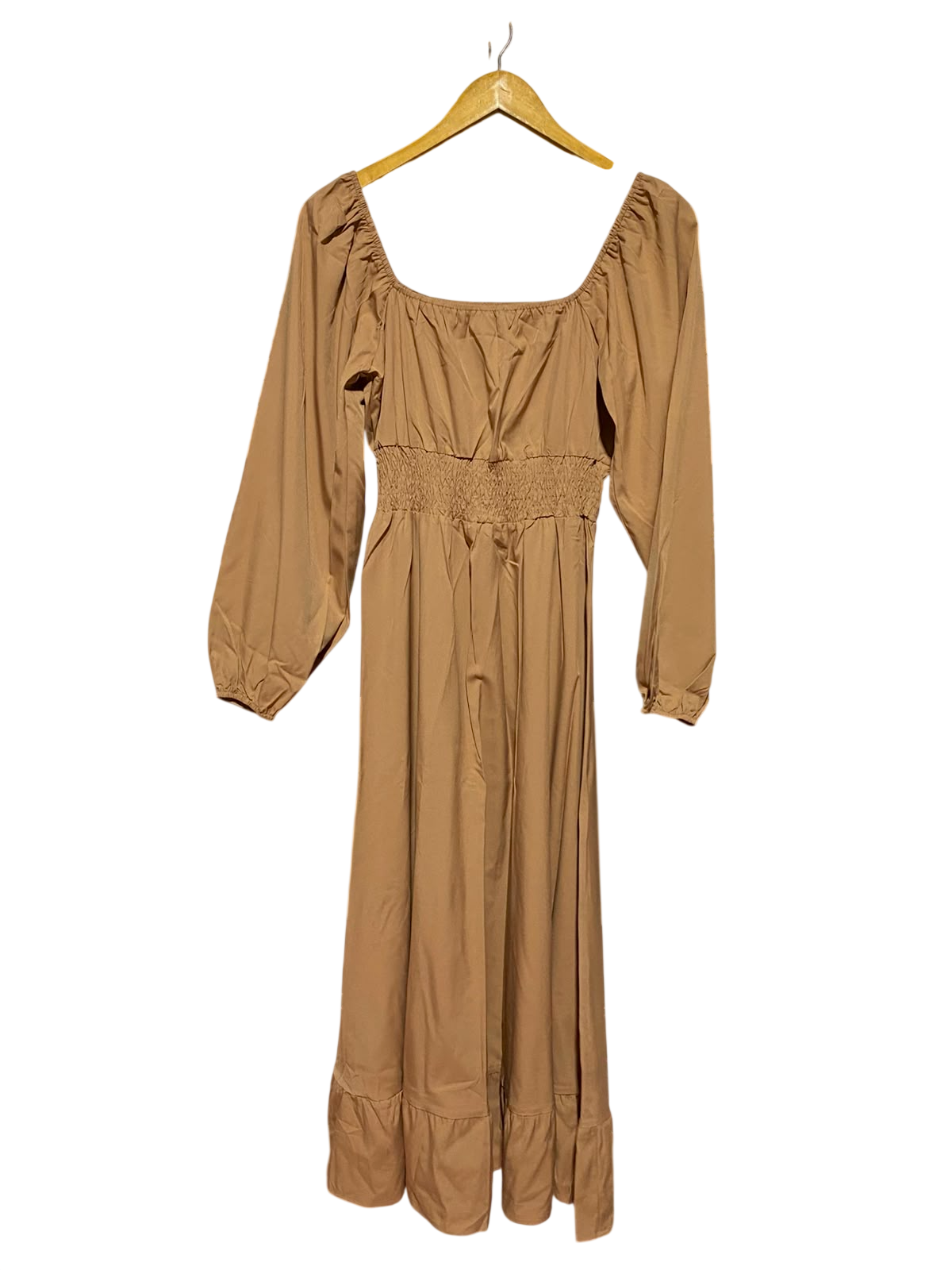 |S| BUST 15| A5| CAMEL BROWN SQUARE-NECK SMOCKED MAXI DRESS - LONG SLEEVE BOHO RUFFLE-HEM DRESS
