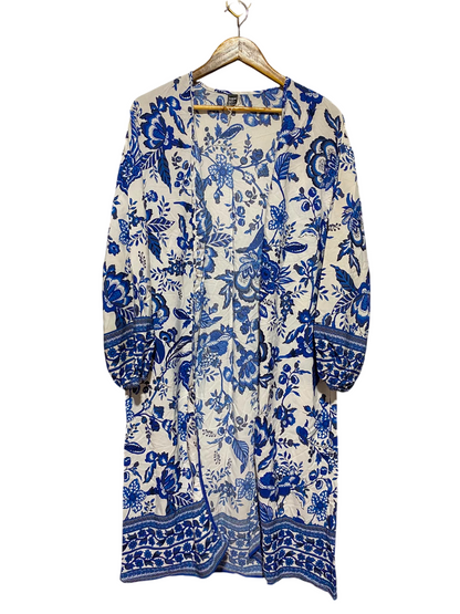 SHEIN |S| BUST 22| A5| BLUE & WHITE FLORAL PRINT OPEN-FRONT KIMONO CARDIGAN - LONG BEACH COVER-UP DRESS