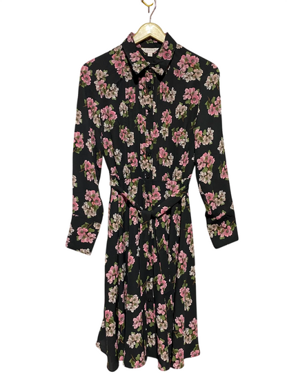 NANETTE |M| BUST 17| A5| BLACK PINK FLORAL BELTED SHIRT DRESS - PIN-TUCK LONG SLEEVE MIDI DRESS