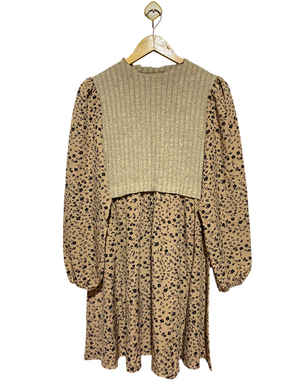 SHEIN |L| BUST 16| A5| BEIGE FLORAL PRINT 2-IN-1 KNIT VEST MINI DRESS - LONG SLEEVE LAYERED LOOK DRESS