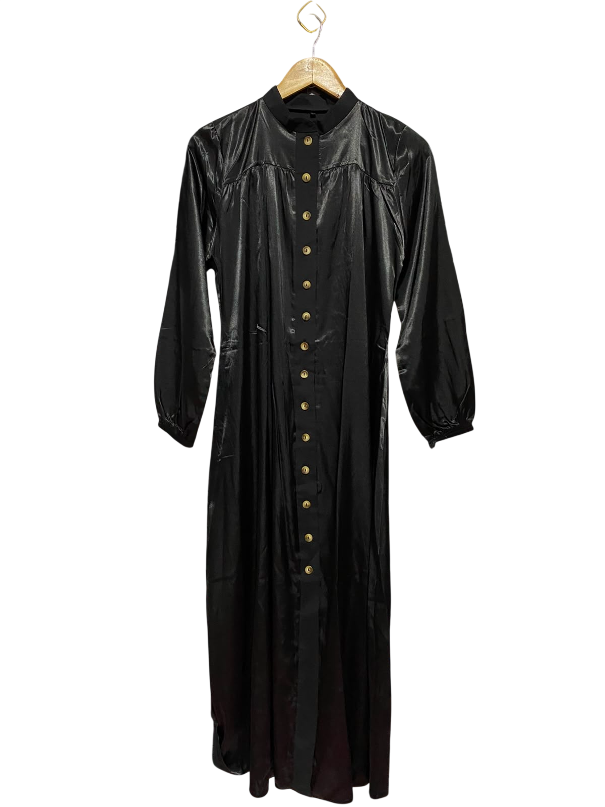 |M| BUST 18| A5| BLACK SHIMMER SATIN BUTTON-FRONT MAXI DRESS - HIGH-NECK LONG SLEEVE EVENING GOWN