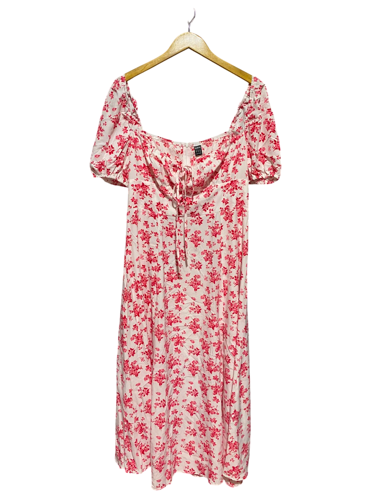 SHEIN |XL| BUST 18| A5| PINK FLORAL PRINT MILKMAID MIDI DRESS - PUFF SLEEVE SWEETHEART DRESS
