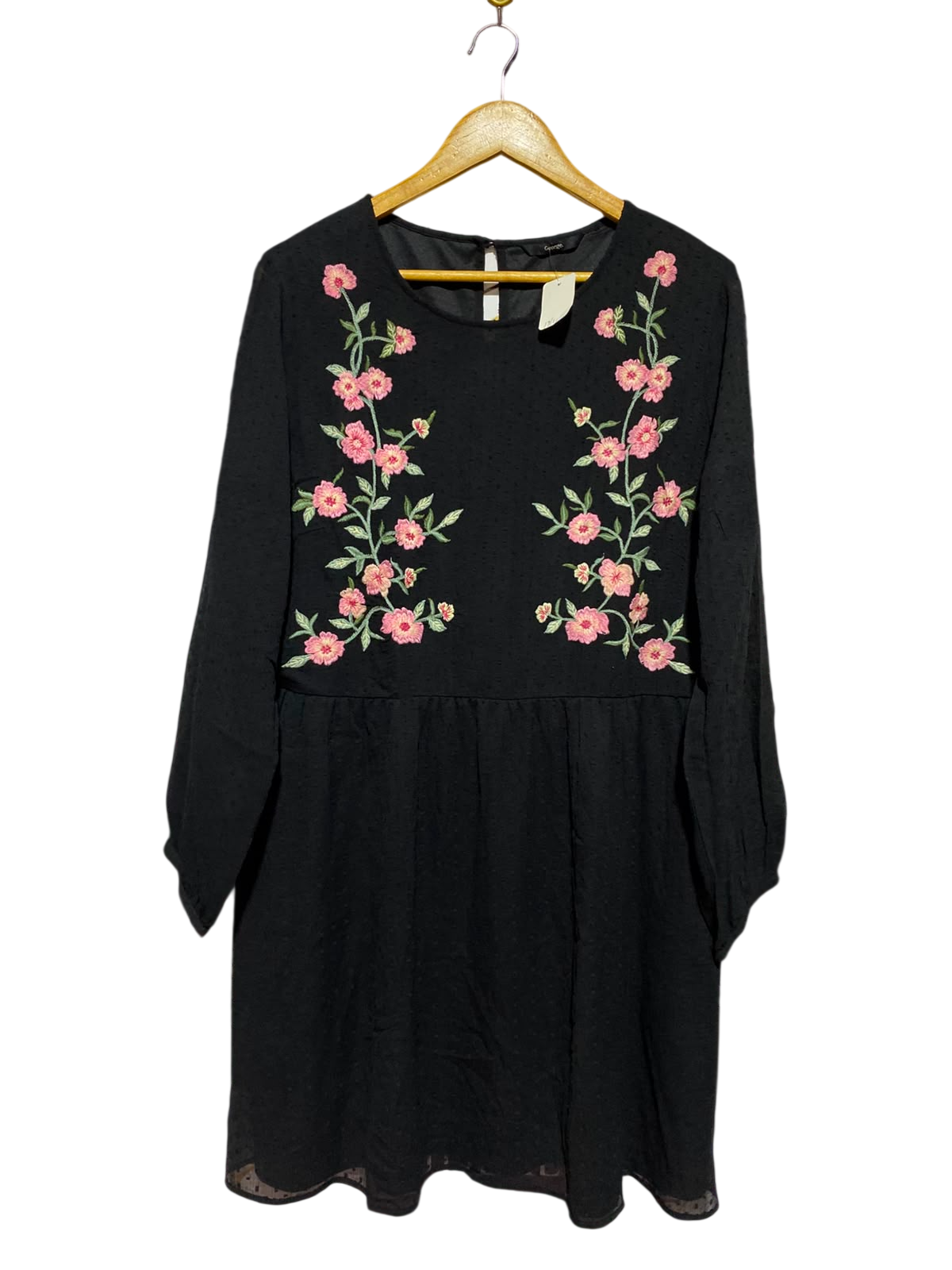 GEORGE |L| BUST 21| A5| BLACK FLORAL EMBROIDERED MINI DRESS - LONG SLEEVE JACQUARD SWISS DOT DRESS