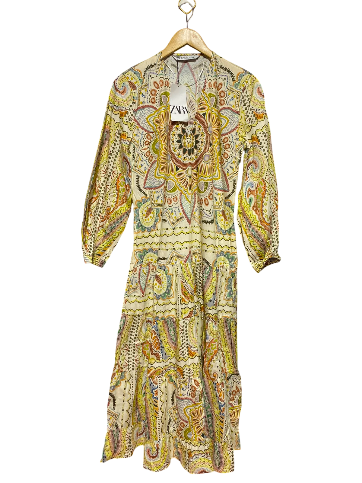 ZARA |M| BUST 18| A5| MULTICOLOR MANDALA PRINT TIERED MIDI DRESS - BOHO V-NECK LONG SLEEVE DRESS