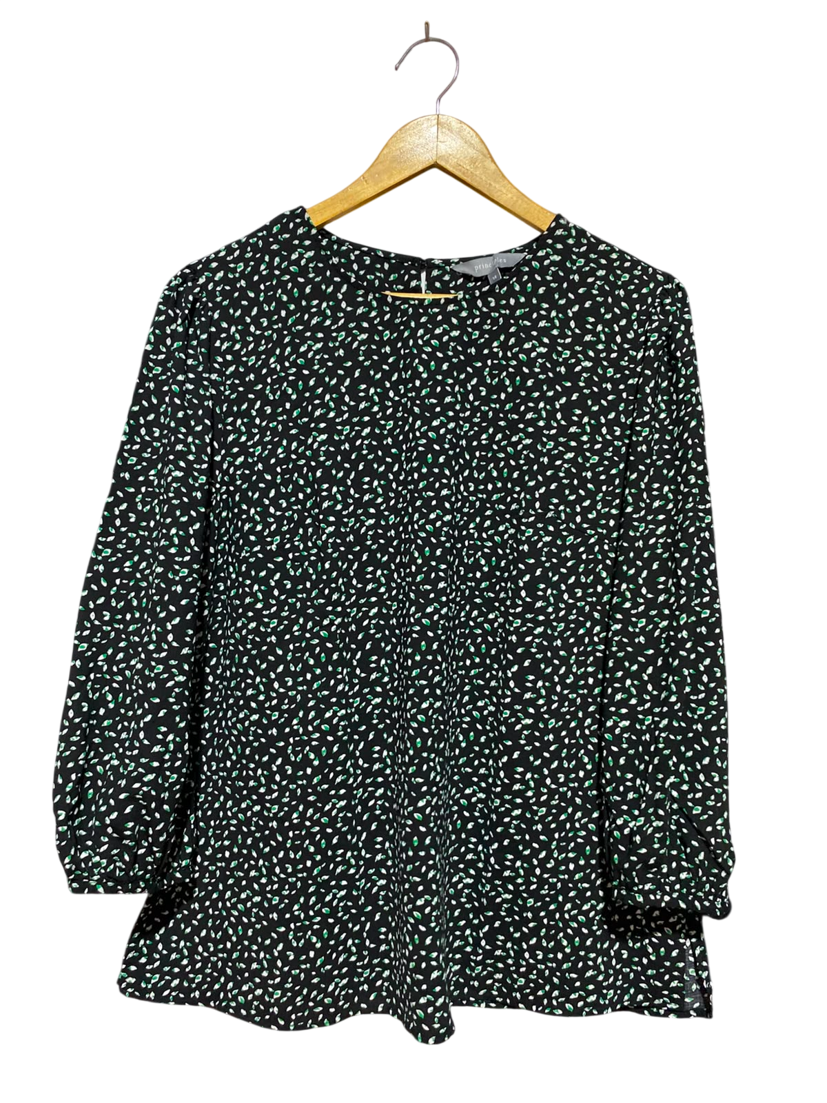 PRINCIPLE |L| BUST 20| A5| BLACK & GREEN SPECKLED PRINT BLOUSE - LONG SLEEVE CREW NECK CASUAL TOP