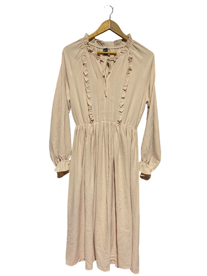 DAZY |M| BUST 18| A5| BEIGE PIN-TUCK & RUFFLE TRIM MAXI DRESS - TIE-NECK LONG-SLEEVE BOHO DRESS