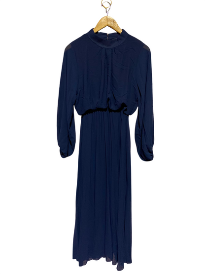 BLUE VANILLA |S| BUST 17| A5| NAVY BLUE CHIFFON HIGH-NECK MAXI DRESS - LONG BALLOON SLEEVED PLEATED EVENING DRESS