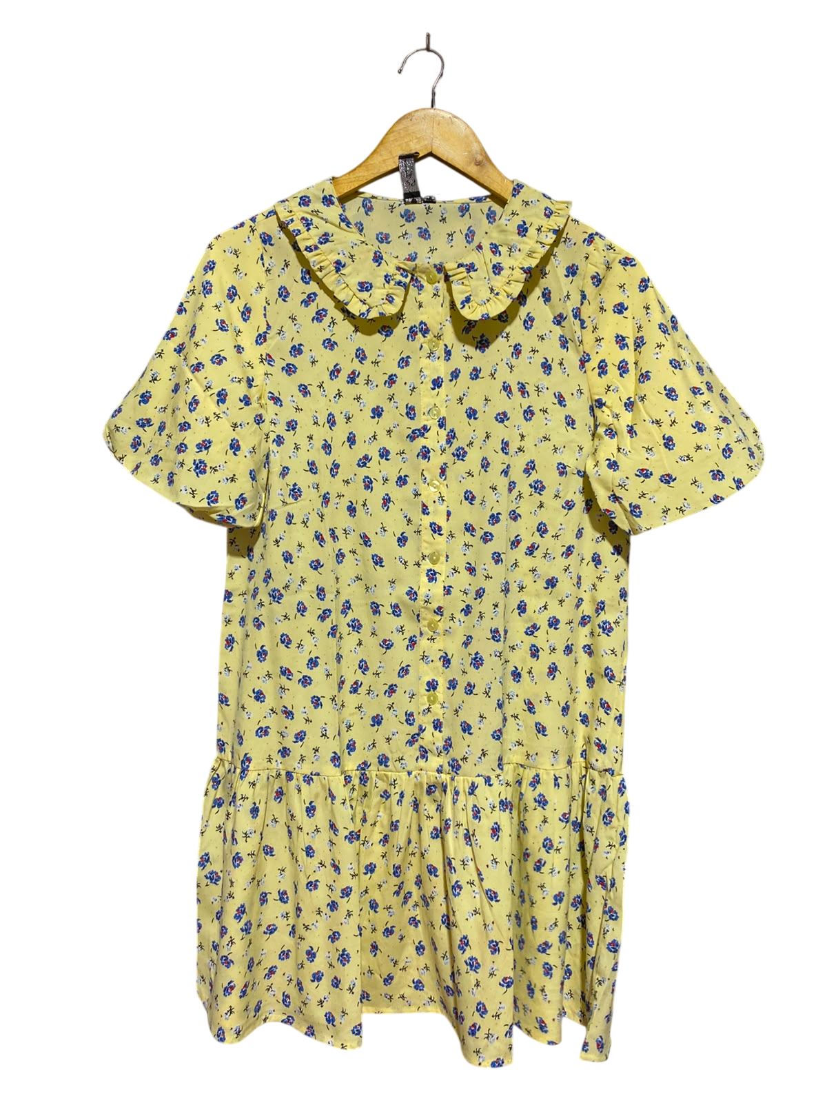 INFLUENCE |M| BUST 18| A5| YELLOW FLORAL PRINT PETER PAN COLLAR SHIFT DRESS - RUFFLED DROP-WAIST MINI DRESS