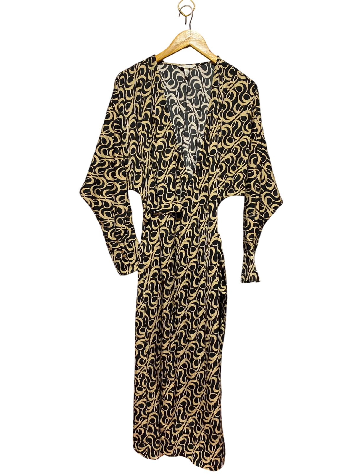 H&M |L| BUST FREE| A5| BLACK & BEIGE ABSTRACT PRINT WRAP MAXI DRESS - V-NECK LONG KIMONO-SLEEVE DRESS