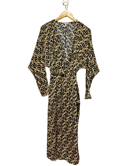H&M |L| BUST FREE| A5| BLACK & BEIGE ABSTRACT PRINT WRAP MAXI DRESS - V-NECK LONG KIMONO-SLEEVE DRESS