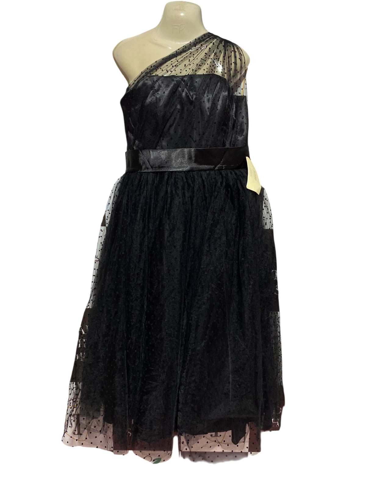TS COUTURE |M| BUST 18| A5| BLACK ONE-SHOULDER POLKA DOT TULLE PARTY DRESS - SATIN WAISTBAND MIDI EVENING GOWN