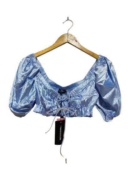PRETTYLITTLE THING |XS| BUST 13| A5| BABY BLUE SATIN PUFF-SLEEVE CROP TOP - LACE-UP FRONT CORSET TOP