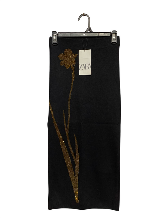 ZARA |S| WAIST 24| A5| BLACK KNIT MIDI SKIRT WITH GOLD RHINESTONE FLORAL EMBELLISHMENT