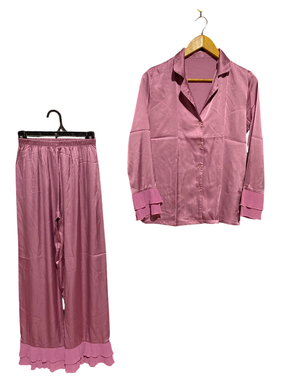 |XS| A5| DUSTY PINK SATIN 2-PIECE PAJAMA SET - BUTTON-DOWN SLEEPWEAR WITH PLEATED RUFFLE TRIMS