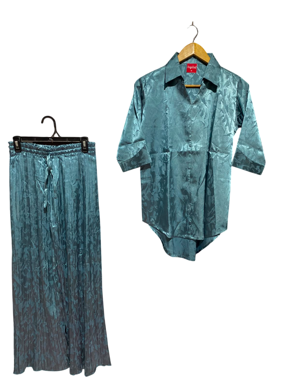 ANGELINA |M| A5| TEAL BLUE JACQUARD SATIN 2-PIECE CO-ORD SET - COLLARED SHIRT & PLEATED WIDE-LEG TROUSERS