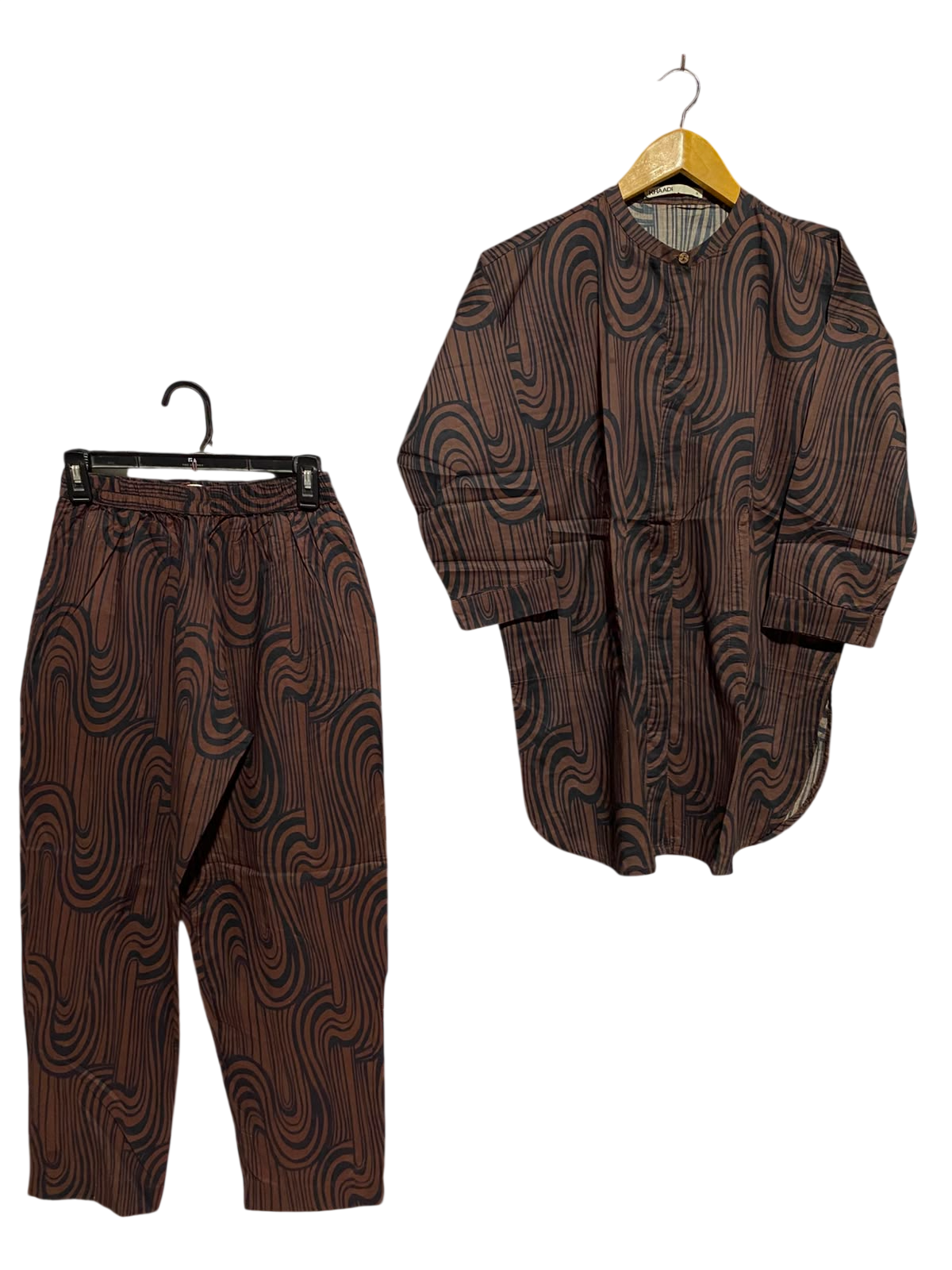 KHAADI |S| A5| BROWN ABSTRACT PRINT 2-PIECE CO-ORD SET - LONG TUNIC & MATCHING TROUSERS