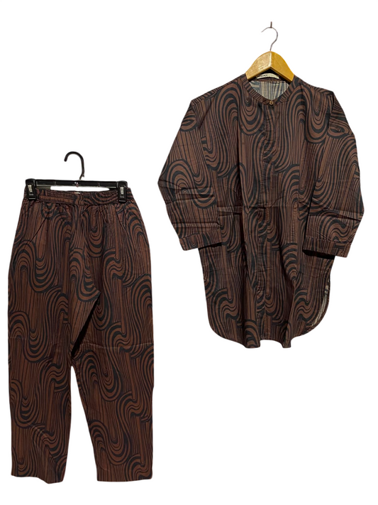 KHAADI |S| A5| BROWN ABSTRACT PRINT 2-PIECE CO-ORD SET - LONG TUNIC & MATCHING TROUSERS