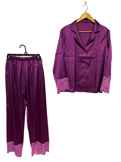 |M| A5| PURPLE SATIN & LACE PAJAMA SET - 2-PIECE BUTTON-DOWN SLEEPWEAR