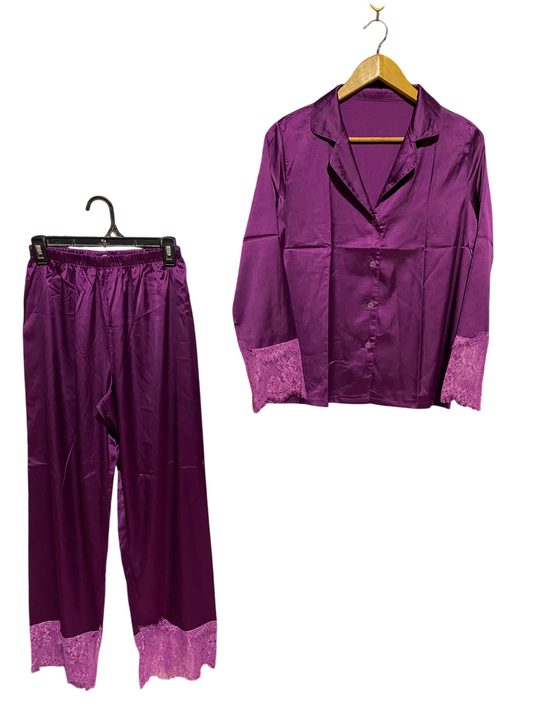 |M| A5| PURPLE SATIN & LACE PAJAMA SET - 2-PIECE BUTTON-DOWN SLEEPWEAR