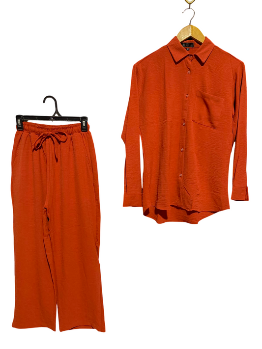 THE FITTIRE |M| A5| RUST ORANGE 2-PIECE CO-ORD SET - LONG-SLEEVE BUTTON-DOWN SHIRT & DRAWSTRING TROUSERS