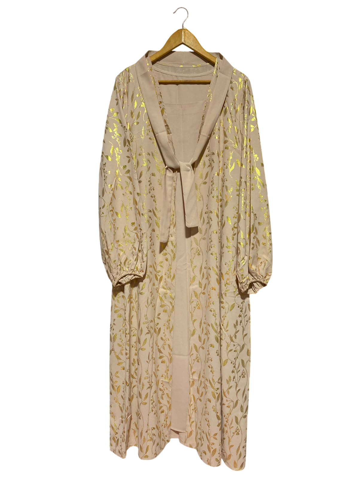 SHEIN |XL|BUST 20| A5| BEIGE & GOLD FOIL LEAF PRINT CARDIGAN ABAYA SET - 2-PIECE TIE-FRONT MAXI DRESS