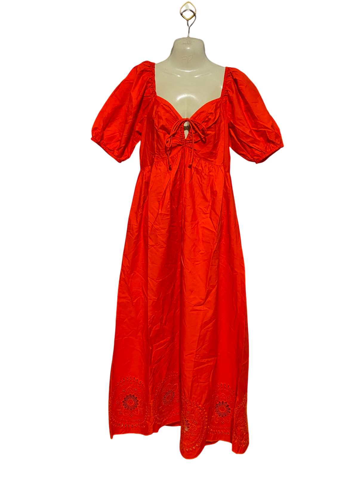 PRIMARK |M| BUST 17| A5| ORANGE RED PUFF-SLEEVE EMBROIDERED MAXI DRESS - TIE-FRONT SCHIFFLI HEM DRESS