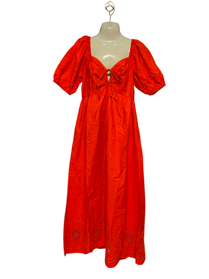 PRIMARK |M| BUST 17| A5| ORANGE RED PUFF-SLEEVE EMBROIDERED MAXI DRESS - TIE-FRONT SCHIFFLI HEM DRESS