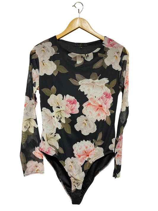 GEORGE |M| BUST 16| A5| FLORAL MESH LONG-SLEEVE BODYSUIT - BLACK CREW-NECK FLORAL PRINT TOP