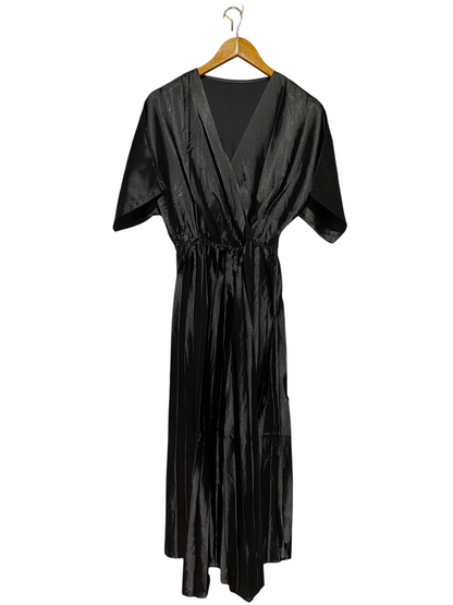 |M| BUST FREE| A5| SOLID BLACK SATIN WRAP V-NECK MAXI DRESS - PLEATED SHORT-SLEEVE EVENING DRESS