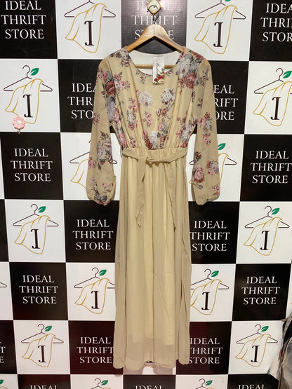 FASHION |M| BUST 16| A5| FLORAL CHIFFON BELTED MAXI DRESS - ELEGANT BEIGE LONG-SLEEVE DRESS