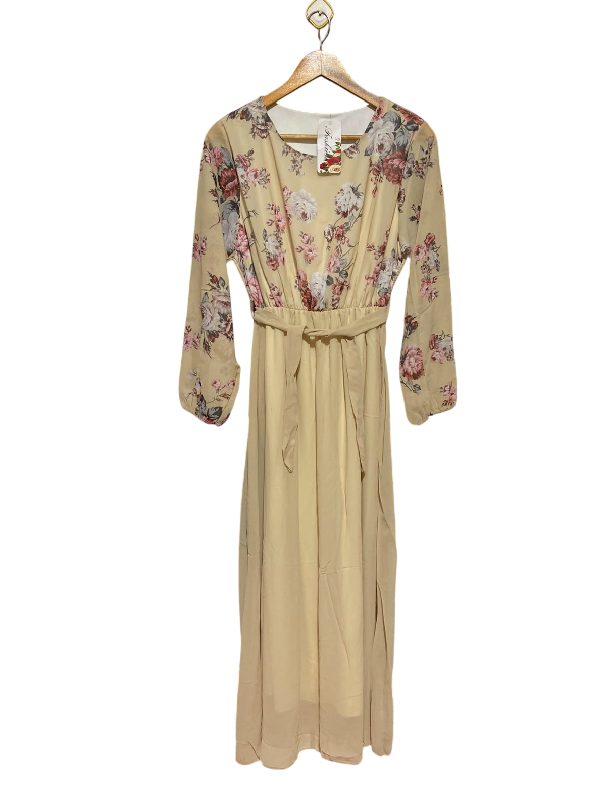FASHION |M| BUST 16| A5| FLORAL CHIFFON BELTED MAXI DRESS - ELEGANT BEIGE LONG-SLEEVE DRESS