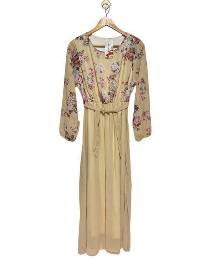 FASHION |M| BUST 16| A5| FLORAL CHIFFON BELTED MAXI DRESS - ELEGANT BEIGE LONG-SLEEVE DRESS