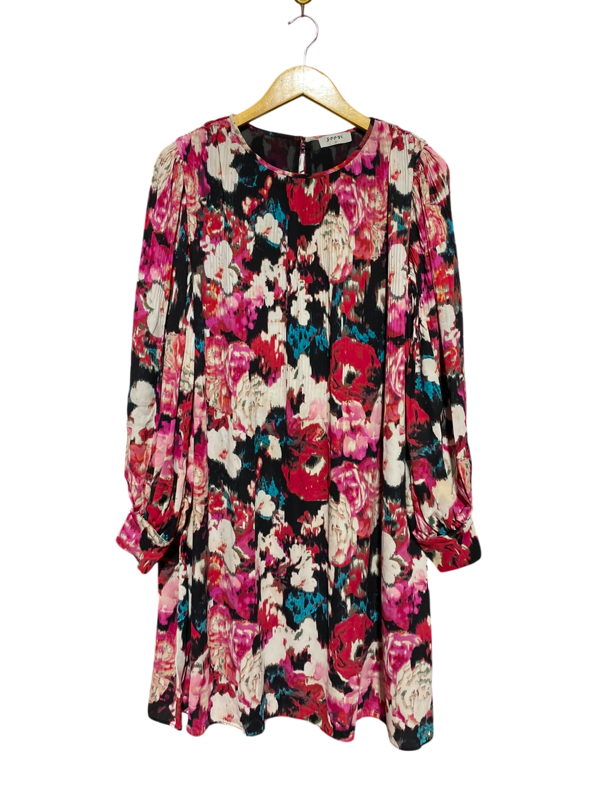 SOON |M| BUST 19| A5| VIBRANT FLORAL PRINT LONG-SLEEVE MINI DRESS - PLEATED SHIFT DRESS